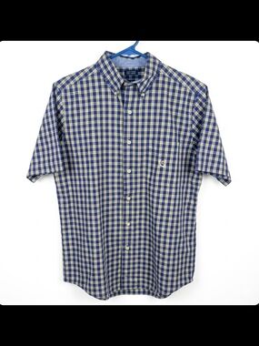 Chaps Men's Easy Care Short Sleeve Button-Down Shirt Blue & Yellow Plaid Size S